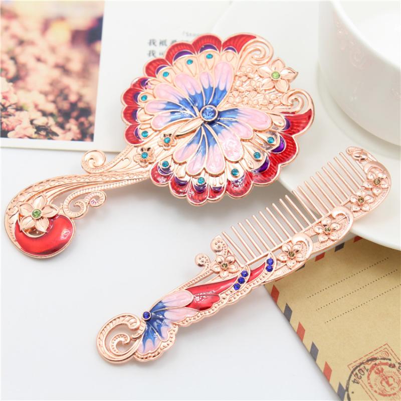 2 Pcs/Set Butterfly Painting Design Vanity Mirror And Comb Set Round Shape Embossed Metal Handheld
