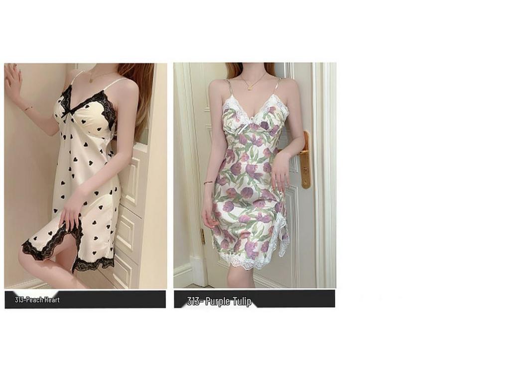 Women’s Sexy Lace Spaghetti Strap Ice Silk Nightgown Pajamas with Chest Pad - Summer Sweet Print