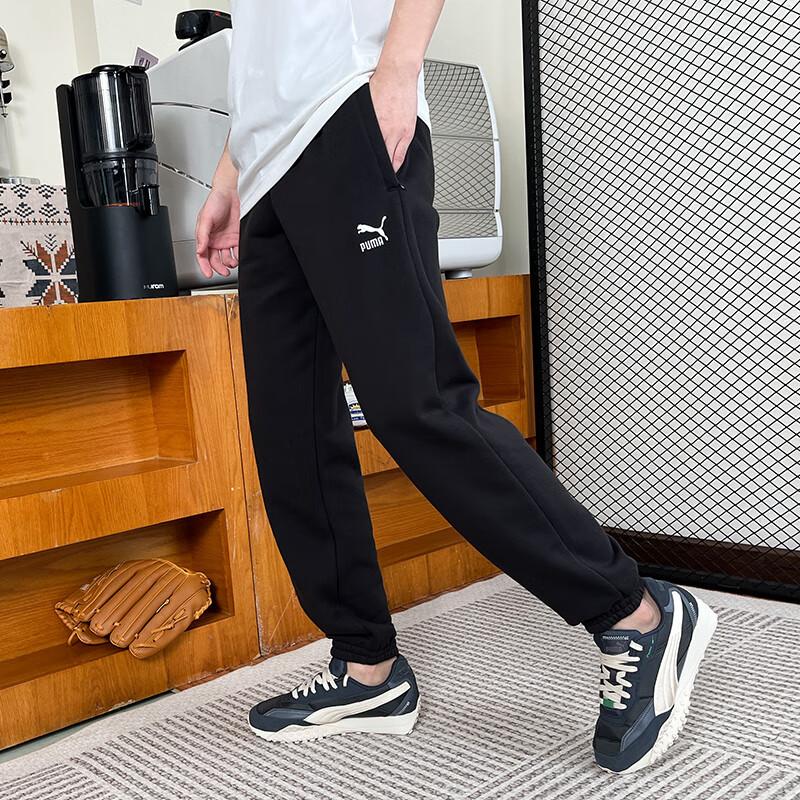 Puma Logo z literą Haftowany Polar Gruby Sznurowany Ściągacz Dzianinowe Spodnie Sportowe Męskie doły Czarne 625311-01