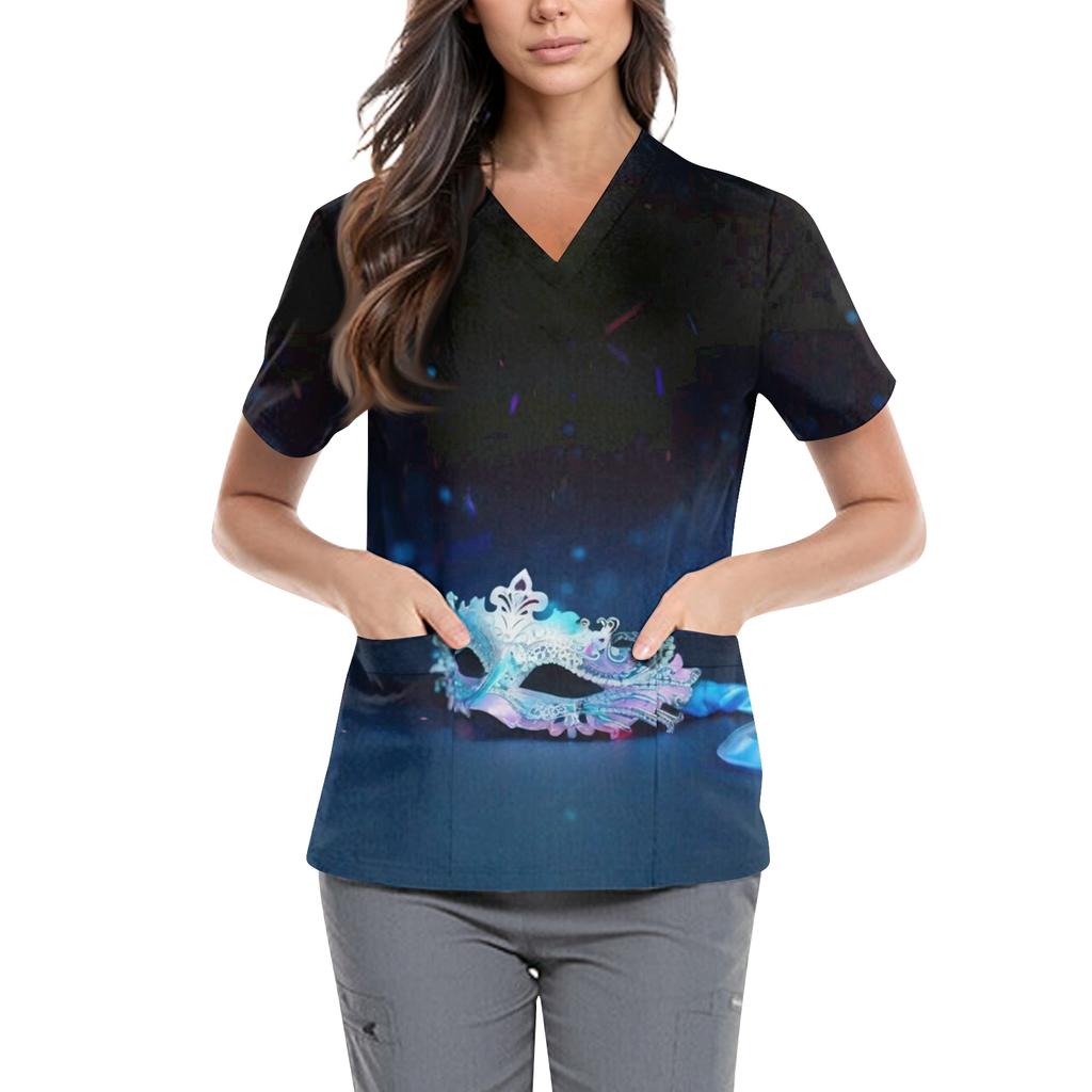 Women's  Carnival Themed Outfit Party Mask Pattern Caregiver Top