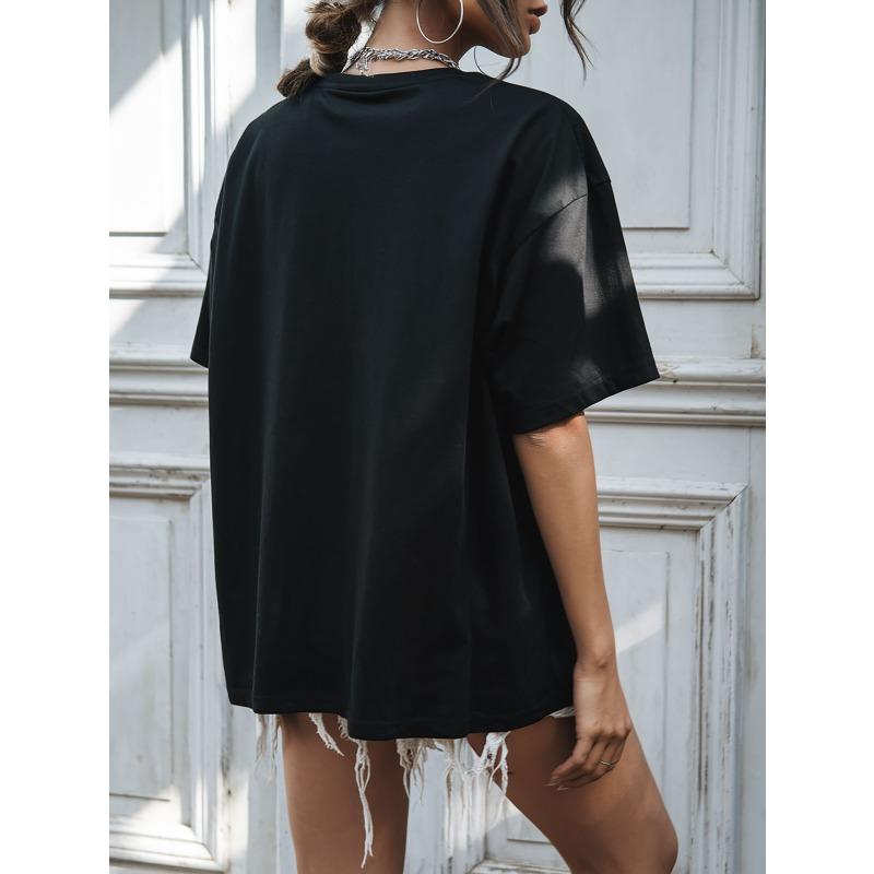 Women Round Neck Short Sleeve T-Shirt Letter Graphic Print Modern Floral Design Relaxed Fit Casual All-Season Comfort Top