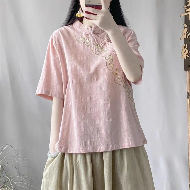 Sommer locker kurzärmelig bestickt Stehkragen Jacquardstoff Hemd Neuer chinesischer Stil Retro schräg Damen