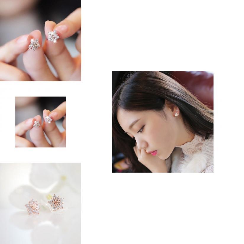 Elegant Rose Gold Cute Snowflake Crystal Stud Earrings With Timeless Five-pointed Star Design