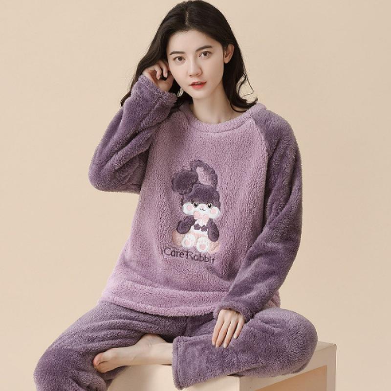 Thickened Warm Large Size Padded Fall and Winter Women's Pajamas Top and Pants Set Coral Velvet Ladies Cartoon Bear 2PCS/Set
