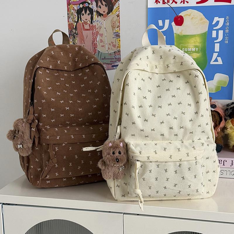Schoolbag Corduroy Bow Junior High School Student School Bag Women's Large Capacity Versatile Backpack Japanese Burden Reduction Travel Backpack