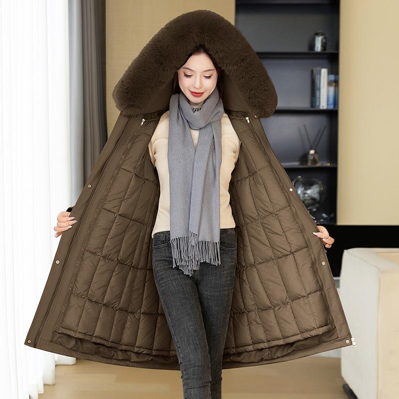

Женская зимняя одежда на три носки, приталенная, с капюшоном, большим меховым воротником, утолщенная хлопковая одежда средней длины 3XL-155-85kg темно-коричневого