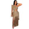 C7428 European and American Women's Fashion One-Shoulder Tassel Long Dress