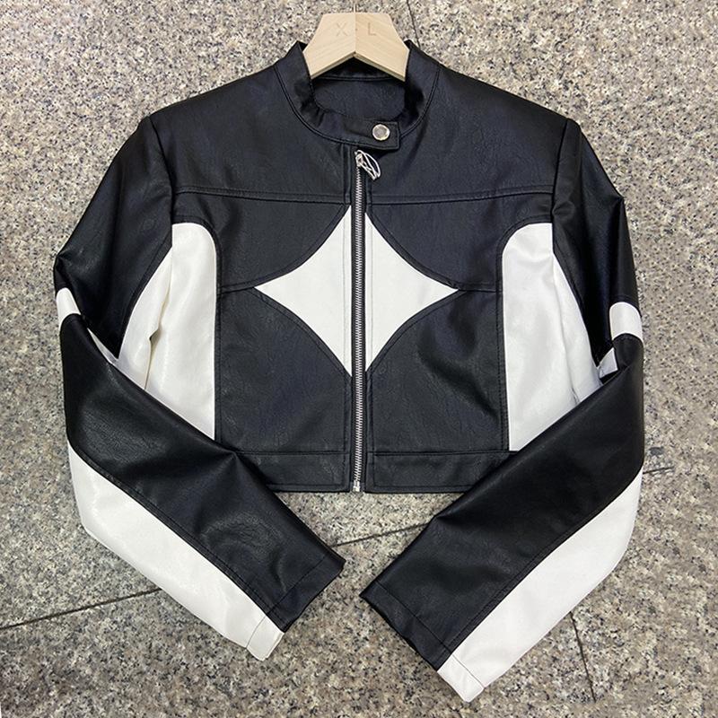 

Крутая черно-белая контрастная квадратная куртка с воротником-стойкой, мотоциклетная куртка, маленькая кожаная куртка для женщин, осенняя новая короткая кожаная куртка XL