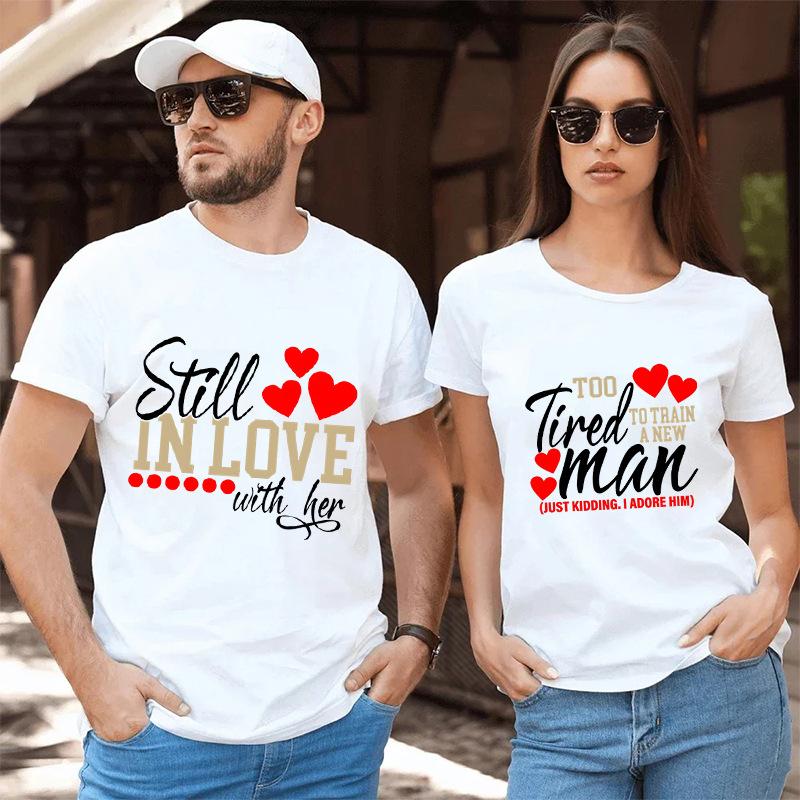 Lovers Valentine's Day Love Printed Trendy High Street Fashion Short Sleeve Casual Versatile Loose Cotton Short Sleeve Top T-Shirts Unisex