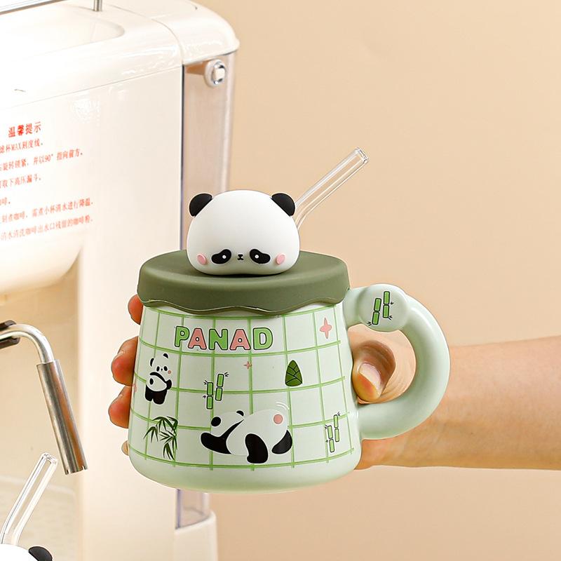 Baifenbai Home Furnishing Creative Country Tide Style Cute Cute Cute Panda Series Ceramic Mug With Lid Straw Cup Office Drinking Cup