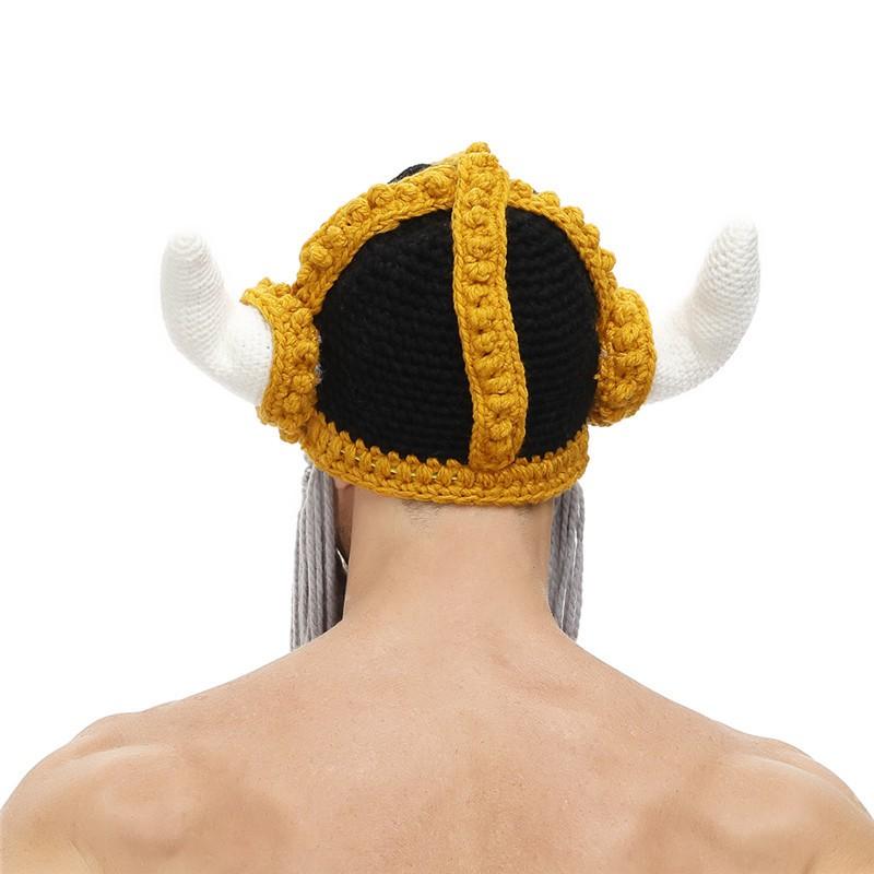 Parent-Child Viking Horn Beanie Hat With Mustache Warm Knit Cap Kids Adults Winter Festival Party Costume