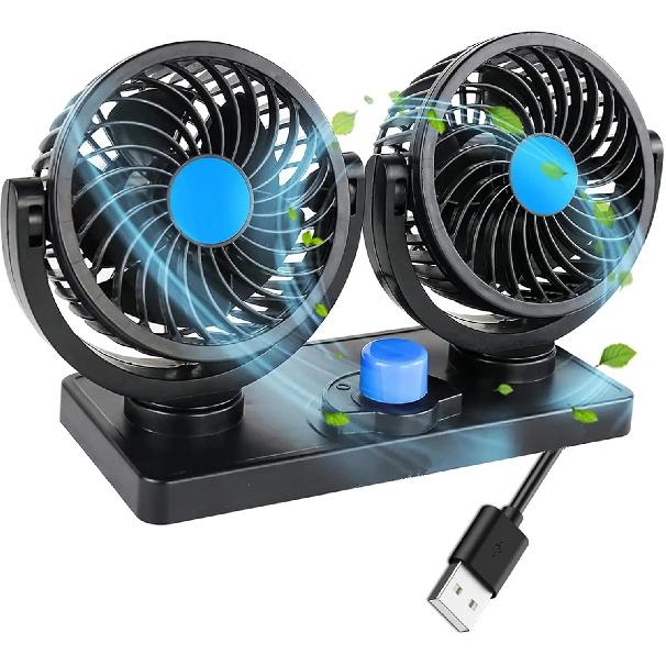 Portable Car Fan Dual Head Cooling Fan 5v 360° Adjustable Car Fan Low Noise Car Fan Car Automatic Cooling Air Circulation Fan Double head fan