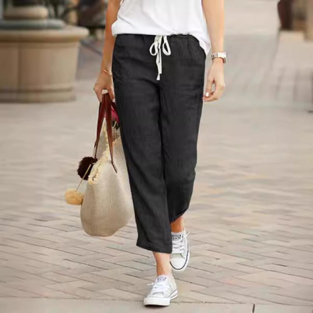 Fashion Solid Color Loose Pants Casual Drawstring Elastic Waist Trousers Cotton and Linen Jogger Pants for Womens