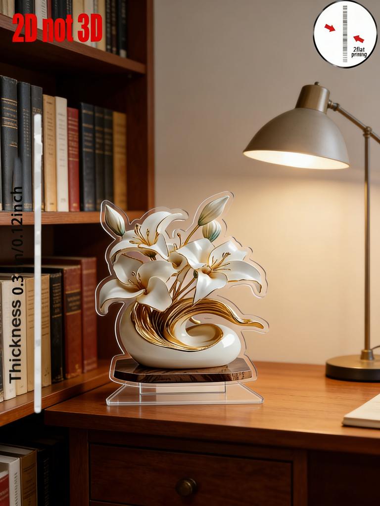 1 Elegant Crystal Vase with White Lily and Gold Decoration -2D Flat Living Room, Office Decoration | Perfect for Home Decoration