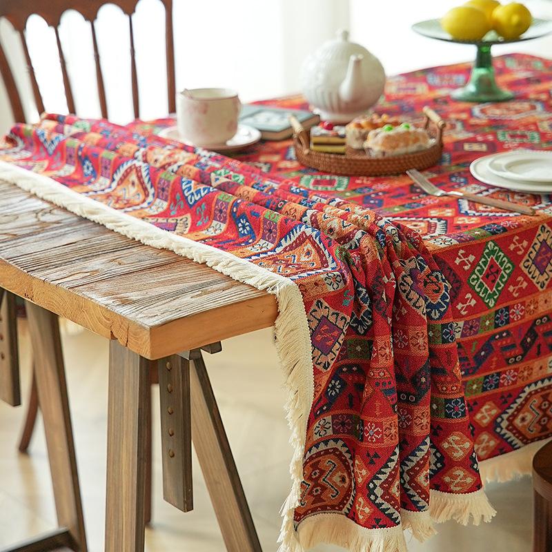 Bohemia Embroidery Patterns Table Cloth Red Badge Tassels Table Cover for Dining Coffee Party Table Decoration Rectangular Round