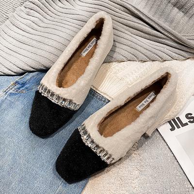 Fashion Rhinestone Beading Fur Flats Shoes Women Mixed Color Cozy Winter Loafers Female Flat Heel Crystal Furry Moccasins Big Size 42