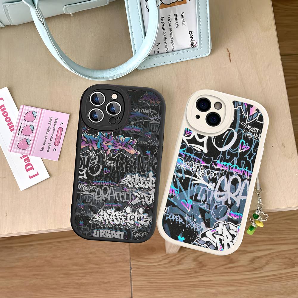Coole Schwarze Graffiti Leder Handyhülle Für iPhone 16 15 14 17 Pro Max 11 12 Mini Plus Weiche Hülle