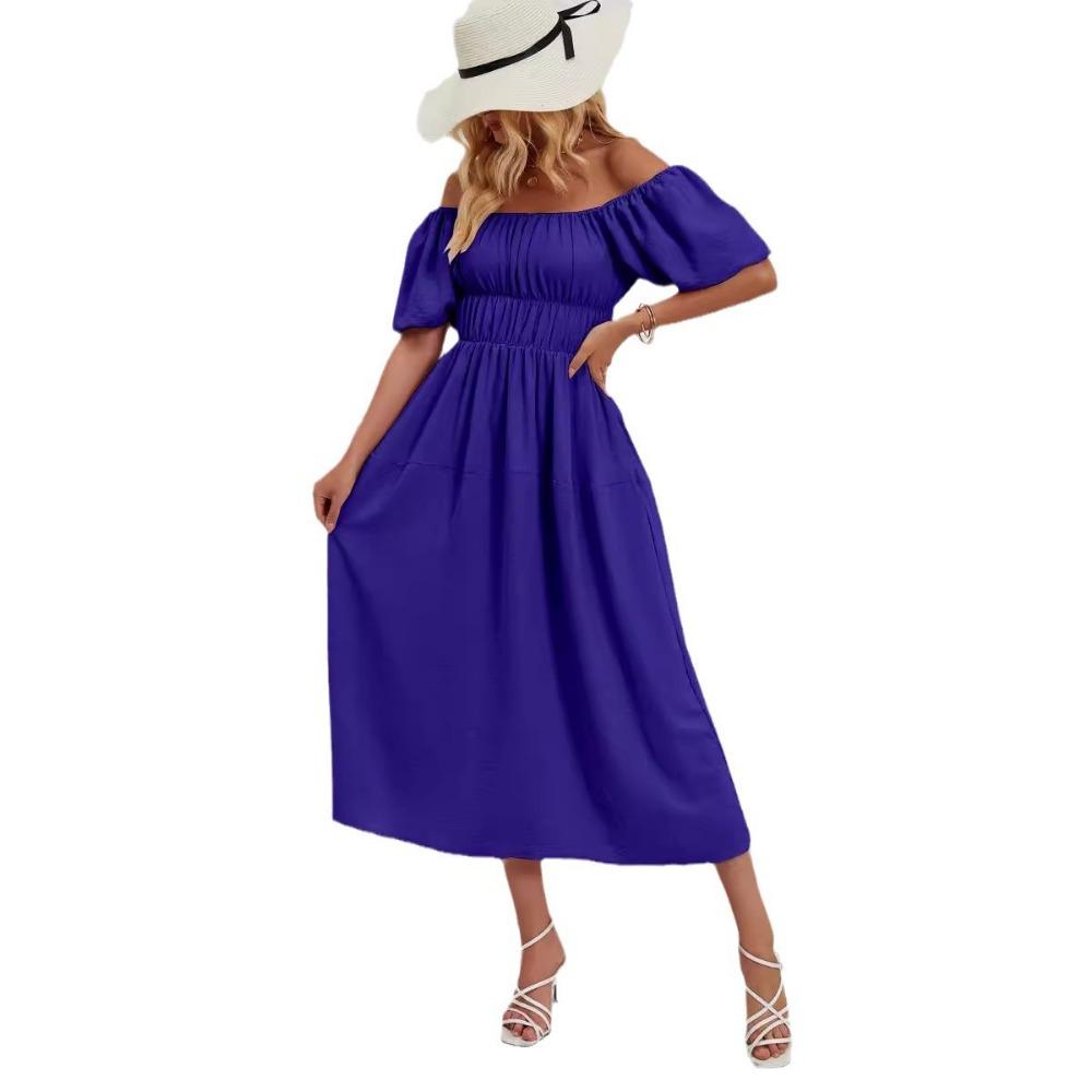 

Платье с открытыми плечами, летнее повседневное свободное плиссированное платье с пышными рукавами XL синий