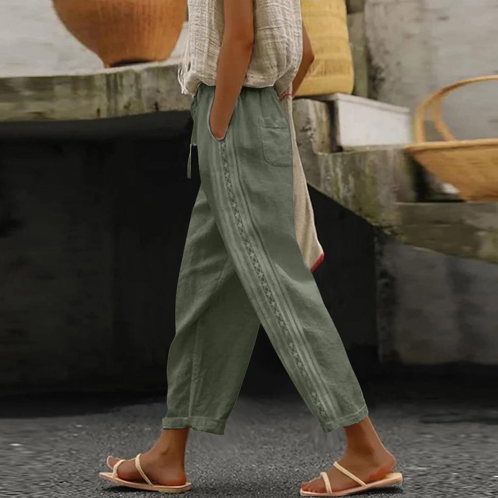Women's Fashion Baggy Pants With Pocket Slim Breathable Lace Edge Solid Color Retro Casual Pants