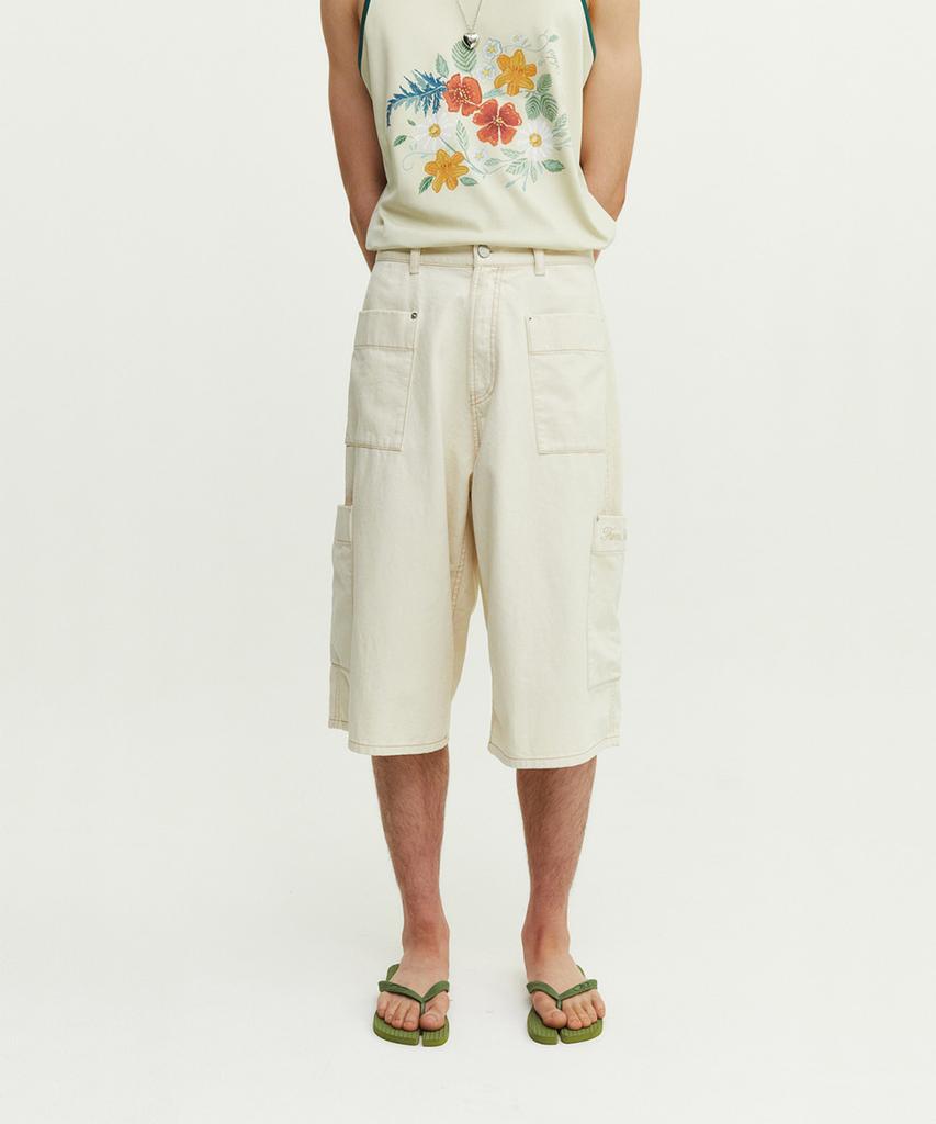 Peulomaleul Utility Pocket Vintage 3/4 Length Washed Denim Pants / Ivory