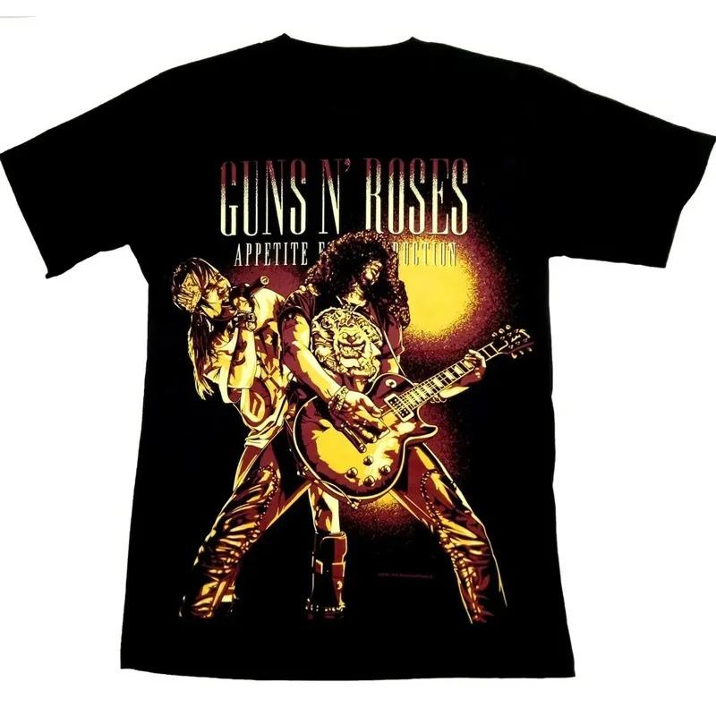 Schwarzes Kurzarm-T-Shirt im Guns N' Roses-Design mit Totenkopf-Zylinder und Revolver-Grafik für Rockmusik-Fans