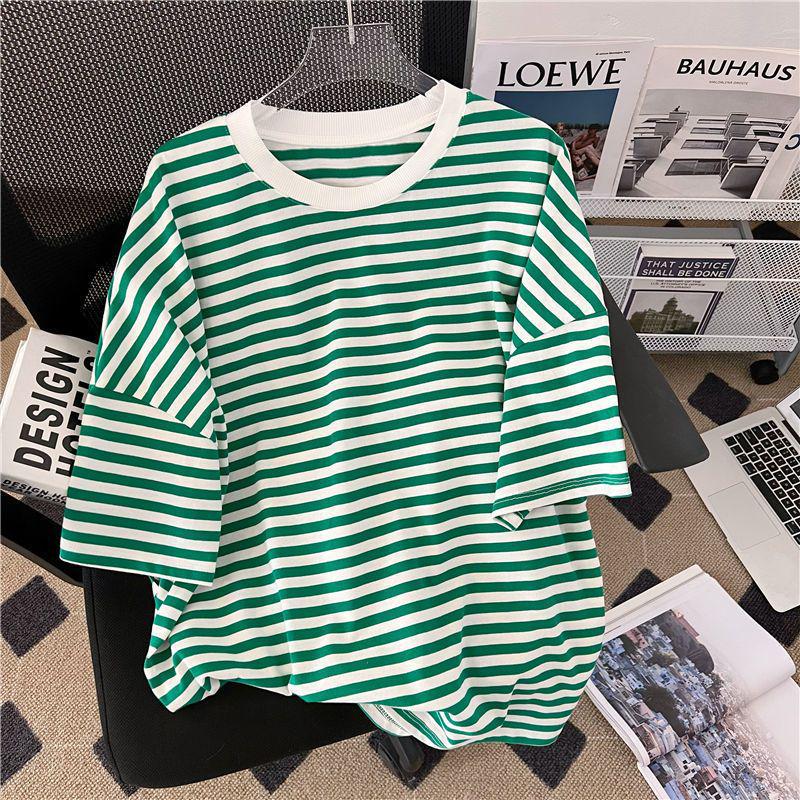 Green Striped Plus Size Women's Summer Two-Piece Set: Short Sleeve T-shirt & Shorts