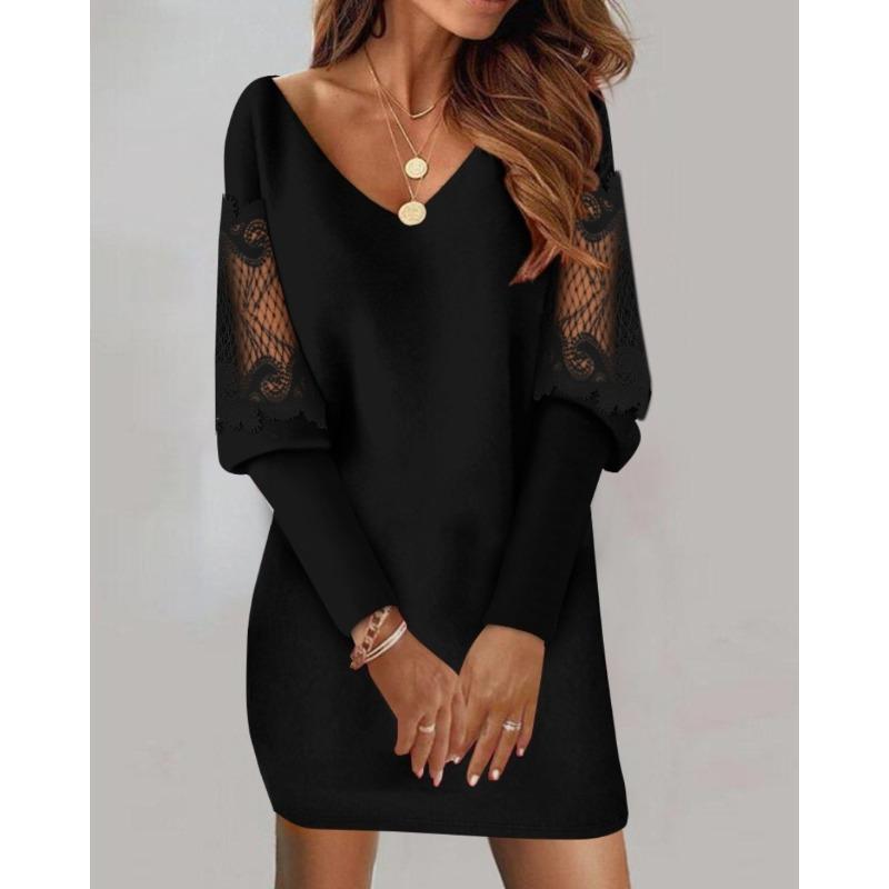 women s Lace Patchwork Puff Long Sleeve V Neck Mini Dress Casual Loose Shift Tunic Dress S чёрный