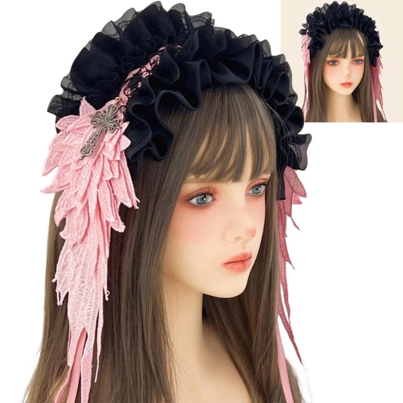 Elegant Black Gothic Headband Featuring Intricate Lace Patterns And Ornate Metal Crosses Charm Gothic Lace Hair Accessory
