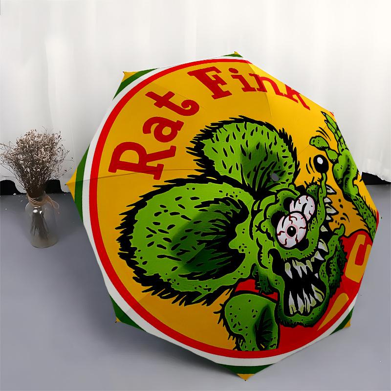 Rat Fink Decal Sticker | Classic Car Hot Rod Muscle Rat Rod Art Umbrella, Cute Umbrella with Cute Design, Portable 3-Fold Compact Umbrella for Men & W