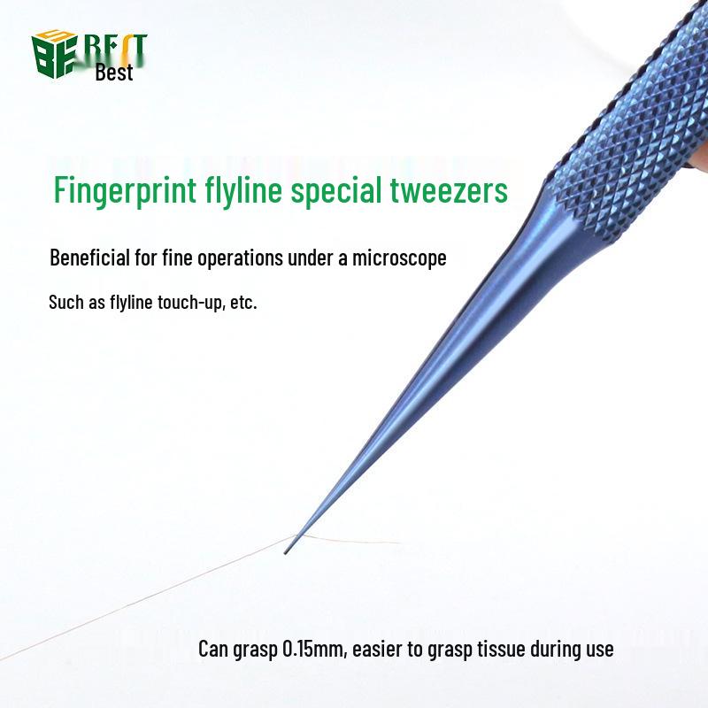 Blue Fingerprint Anti-Magnetic Titanium Alloy Tweezers 0.15mm, Fine Point for Mobile Phone Repair and Microscope Use