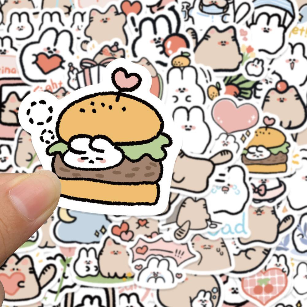60 Cartoon Cat and Rabbit Doodle Stickers Trolley Box Water Cup Diary Waterproof DIY Stickers