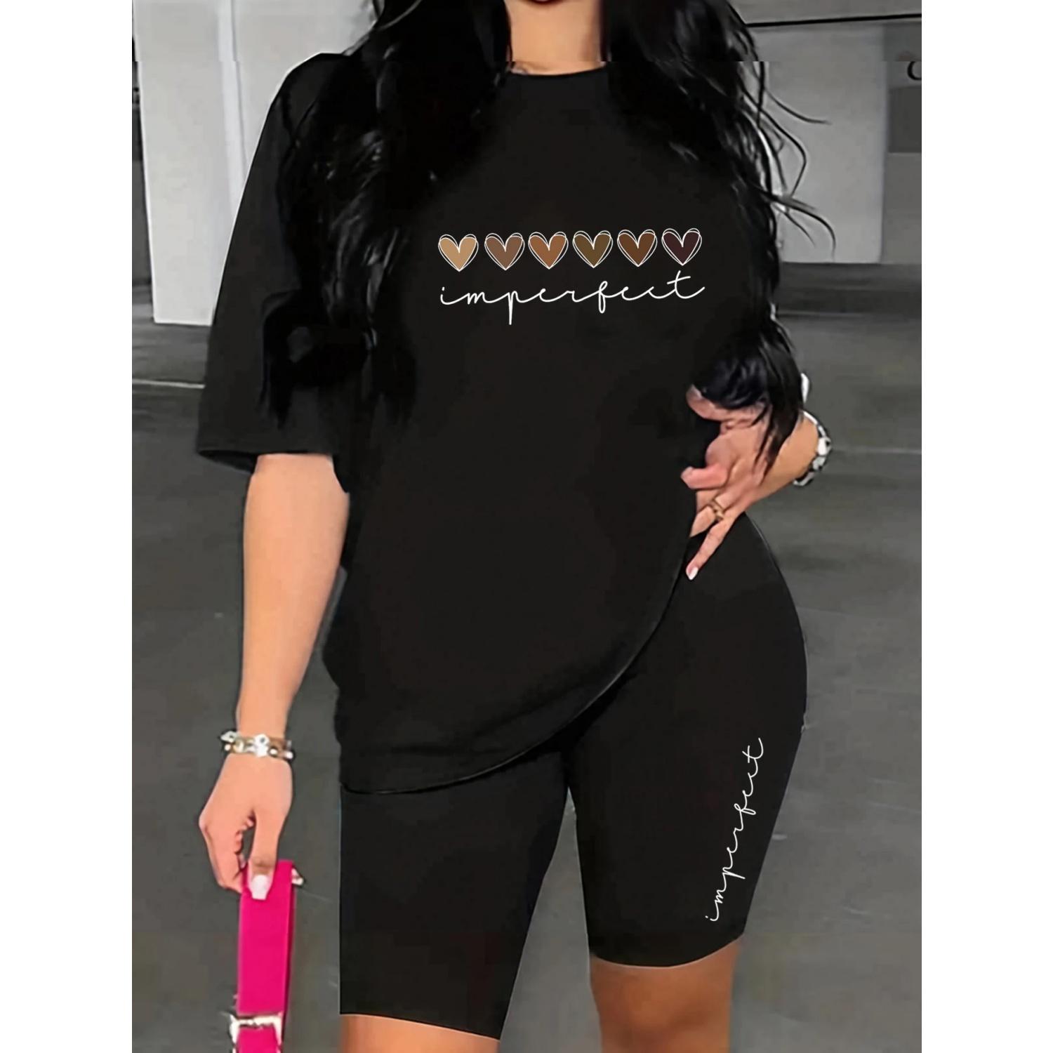 

Love print t-shirt, short sleeve crew neck casual top for summer & spring, women s clothing S чёрный