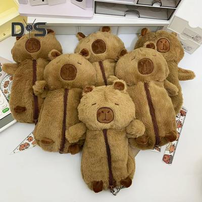 Capybara Shape Plush Pencil Case with Lanyard Large Capacity Zipper Pens Stationery Cosmetics Organizer