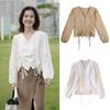 Lace-up Drawstring Flavor Blouse Irregular Button Up Overshirts Long Sleeve Blouse Shirt  Girls
