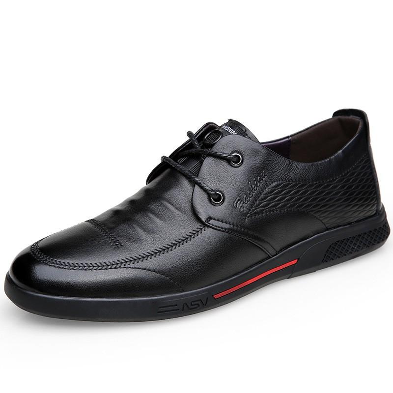 Mens Genuine Leather Casual Shoes Middle-Aged Senior Round Toe Breathable Non-Slip Rubber Sole Lace-Up Comfortable
