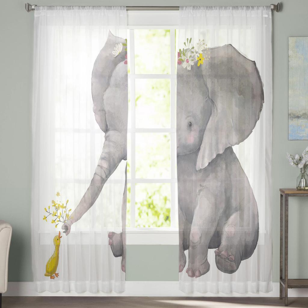 Zasłony tiulowe w kwiaty słonia kaczki do dekoracji salonu nowoczesne zasłony kuchenne z szyfonu z przezroczystą woalką