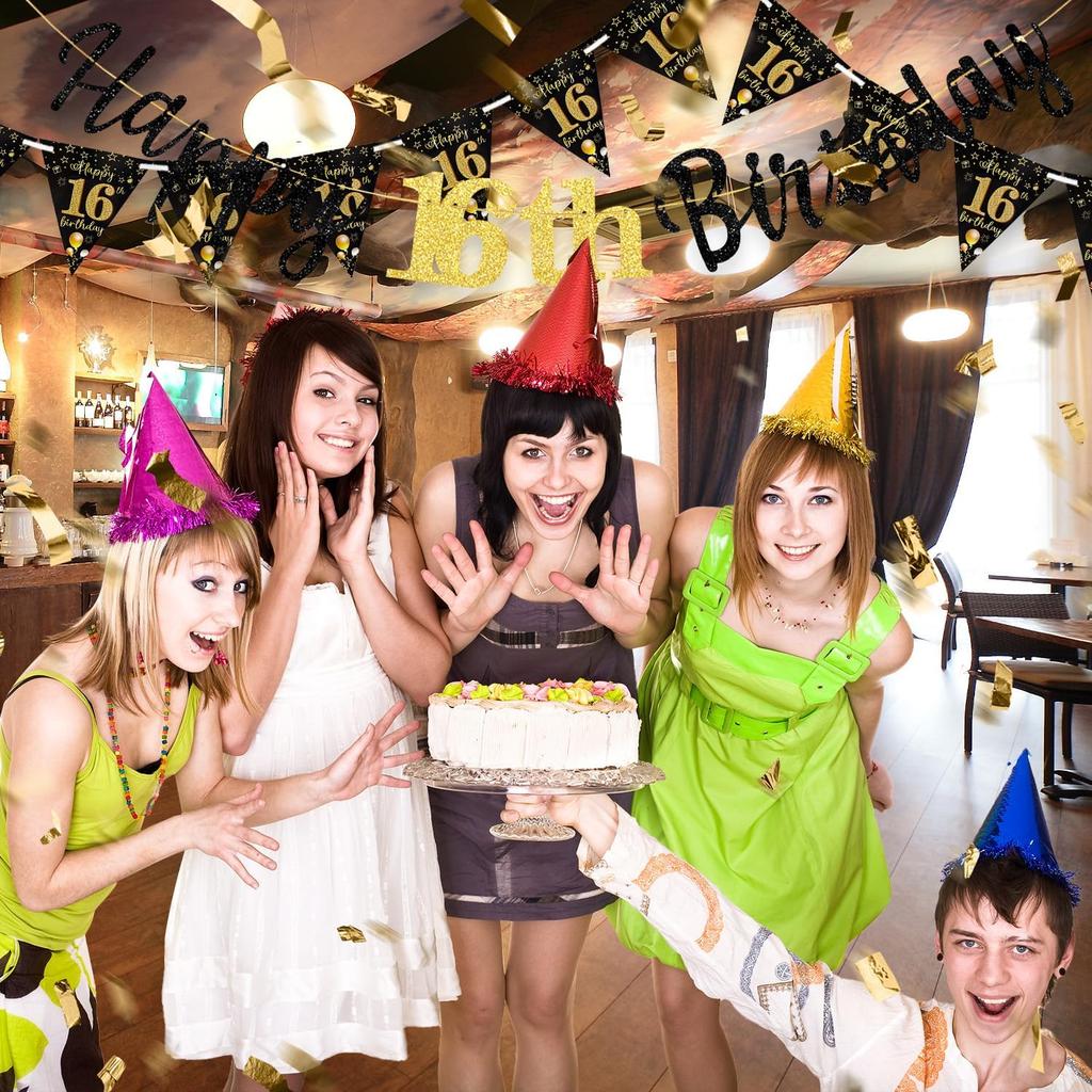 16th Birthday Decorations Banner Boys Girls, Black Gold Happy 16thBirthday Banners for Girls Boys (Birthday 16th)