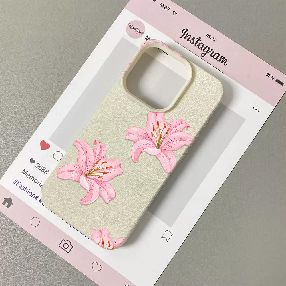 Pink Lily Floral Print Cream Matte Phone Case For iPhone 16 17 16e 15 14 13 12 11 Pro Max Shockproof Clear Hard Cover Coque