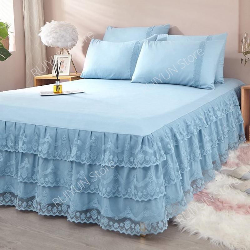 Spitzenrüschen-Bettrock, 3-lagig, Bettrock, Tagesdecke, Schlafzimmerbettdecke, Bettlaken, Bettrock, rutschfester Matratzenbezug, Couvre Lit