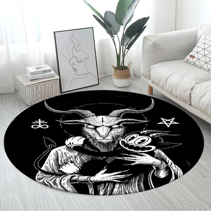 Skull Satanic Goat Pentagram Wing Demon Version Carpet Round Rugs Non-slip Area Rug for Living Room Bedroom Foot Pad Decoration