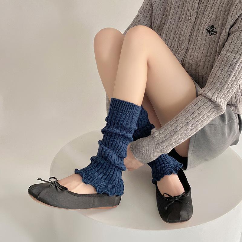 Socks College Style Spring And Autumn Medium Tube Stacking Socks Solid Color Lace Lolita Wool Leg Cover