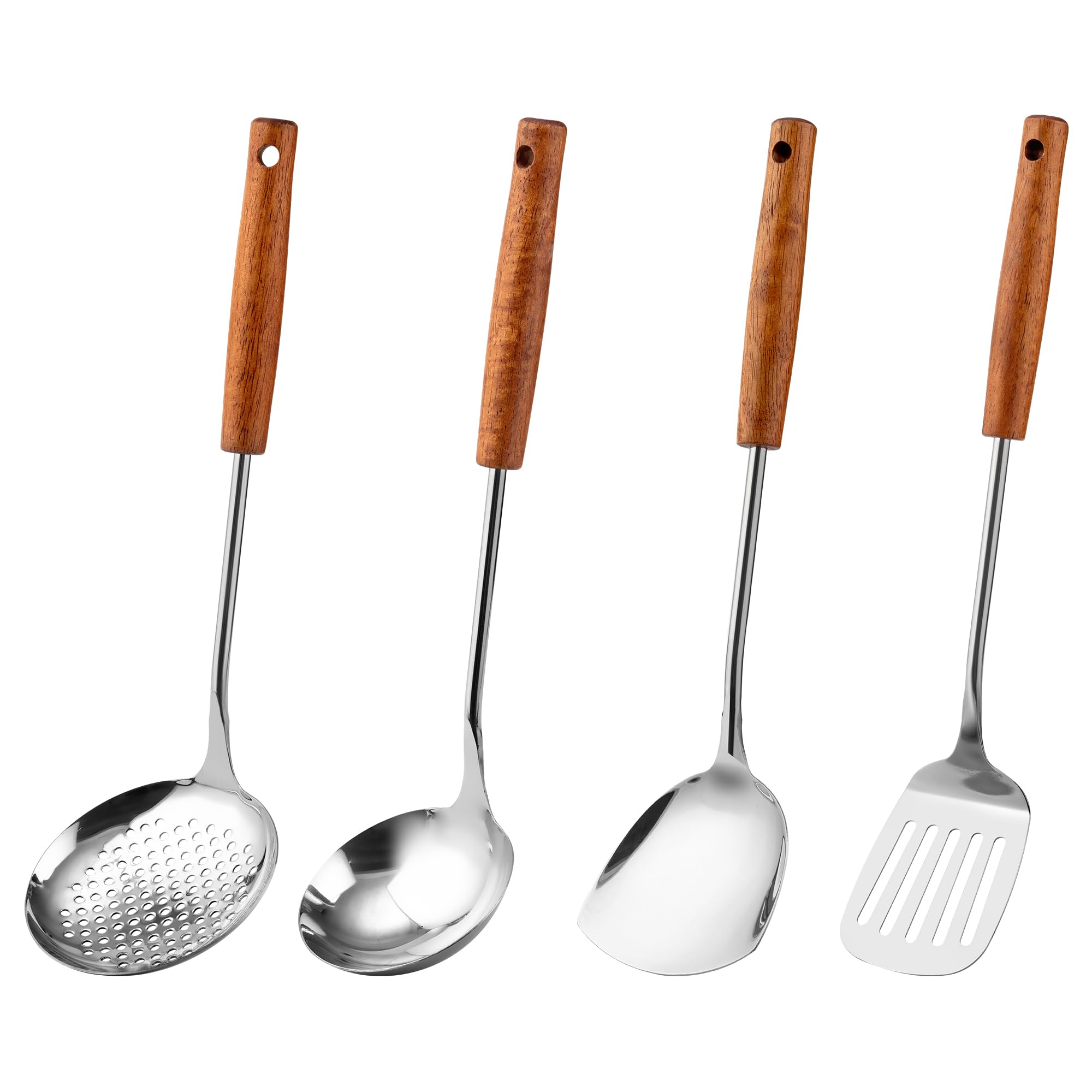 

FJNATINH 4-Piece Wok Utensil Set, Red Walnut Wood, with Ladle and 304 Stainless Steel Wok Spatula