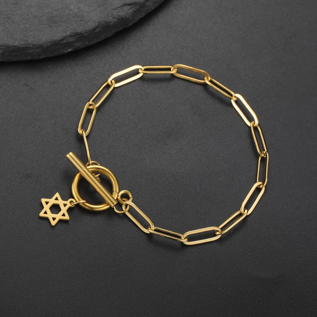 Teamer Je Star of David Toggle Bracelet for Women Men Stainless Steel Paper Clip Chain Gold Color Bracelet Amulet Jewelry