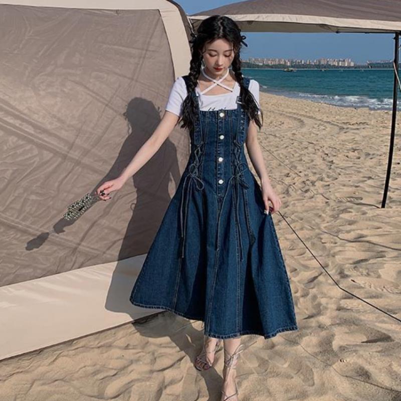 Vintage Fashion Denim Strap Dress for Women Summer A-line Square