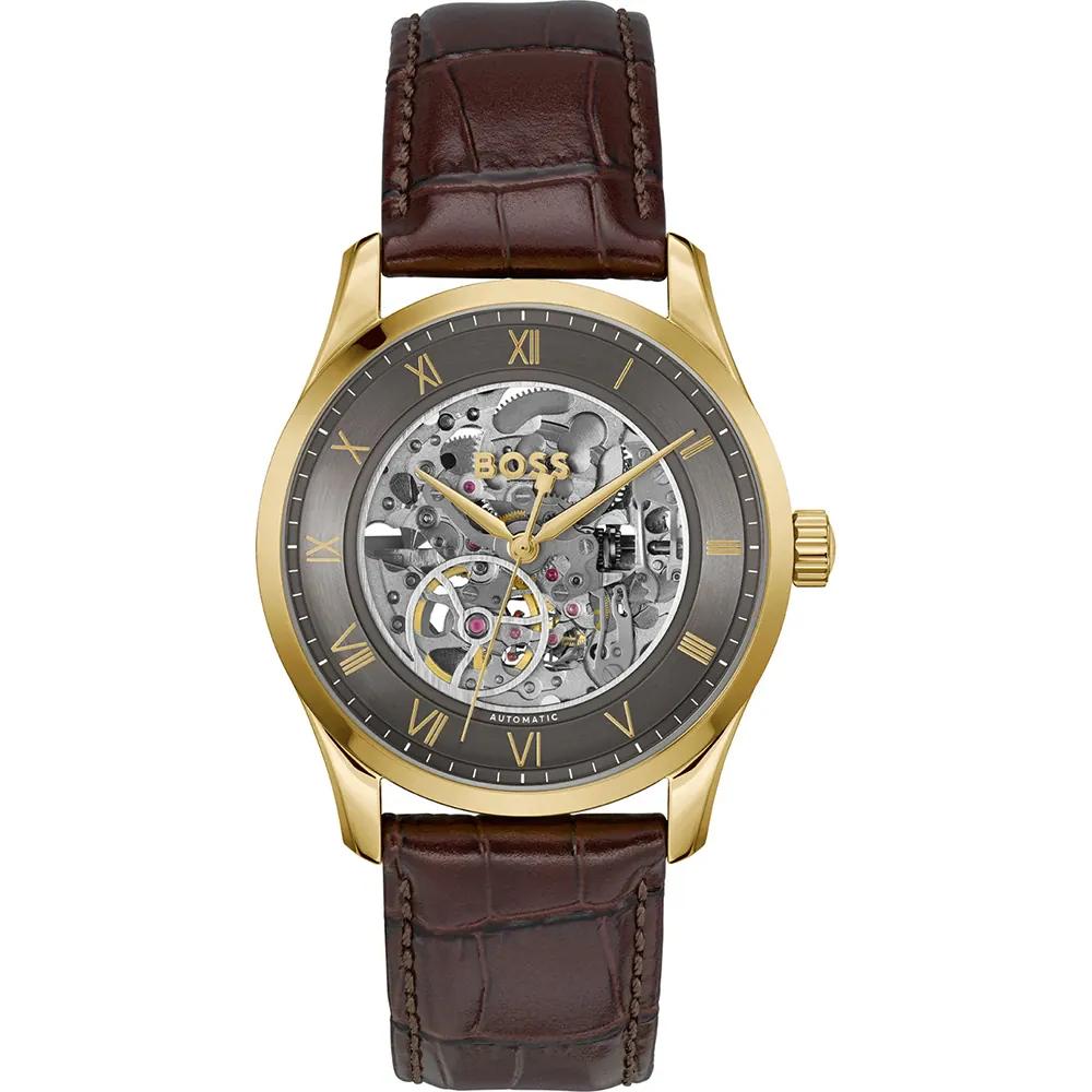 BOSS Principle Skeleton Grey Leather Brown Men s Automatic Watch 1514235 серый