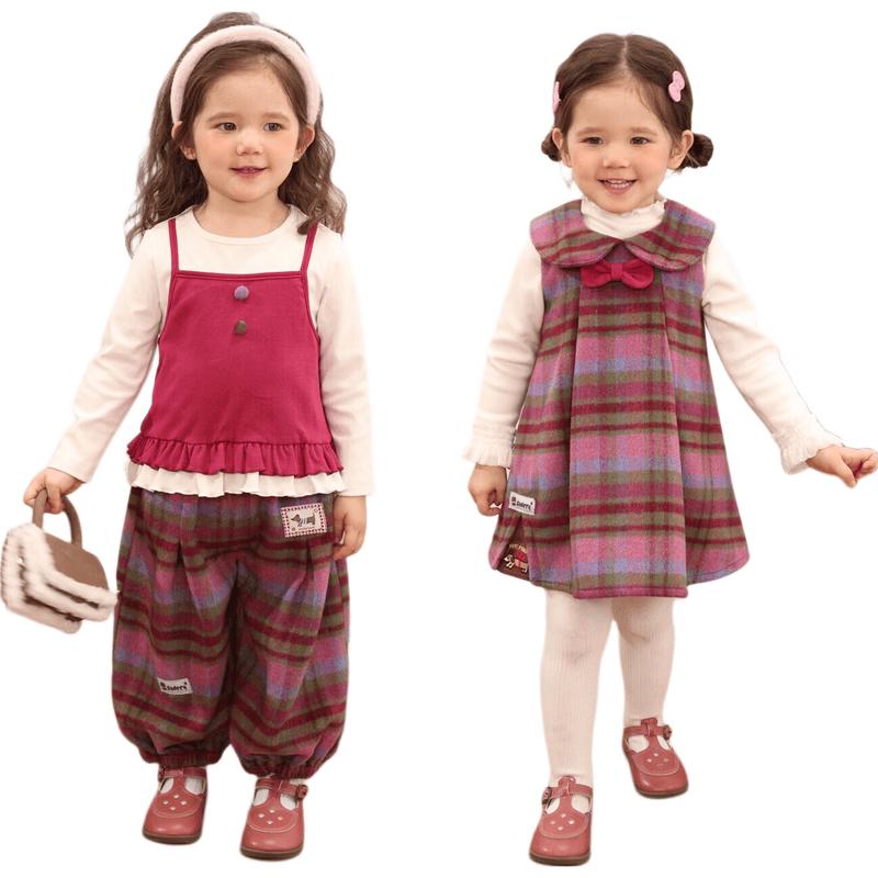 LUSON Baby Girl Plaid Wool Dress & Faux Tee Outfit 110