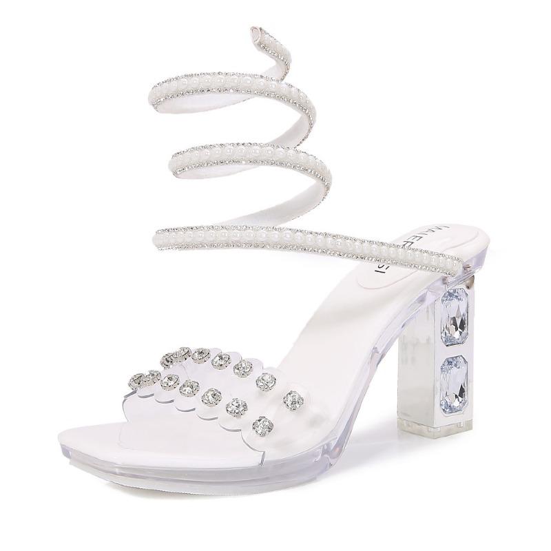 

Rhinestone thick heel snake-shaped winding sandals white summer car model new one-word belt fashion crystal high heels 35 белый