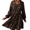 Women's Long-sleeved V-neck Casual Waist-hugging Leopard Print Knee-length Dress