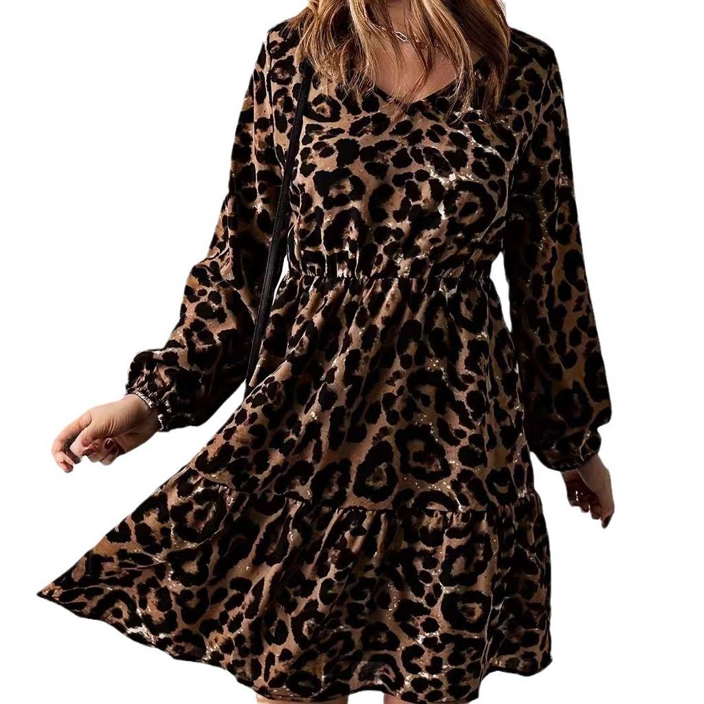 Women's Long-sleeved V-neck Casual Waist-hugging Leopard Print Knee-length Dress