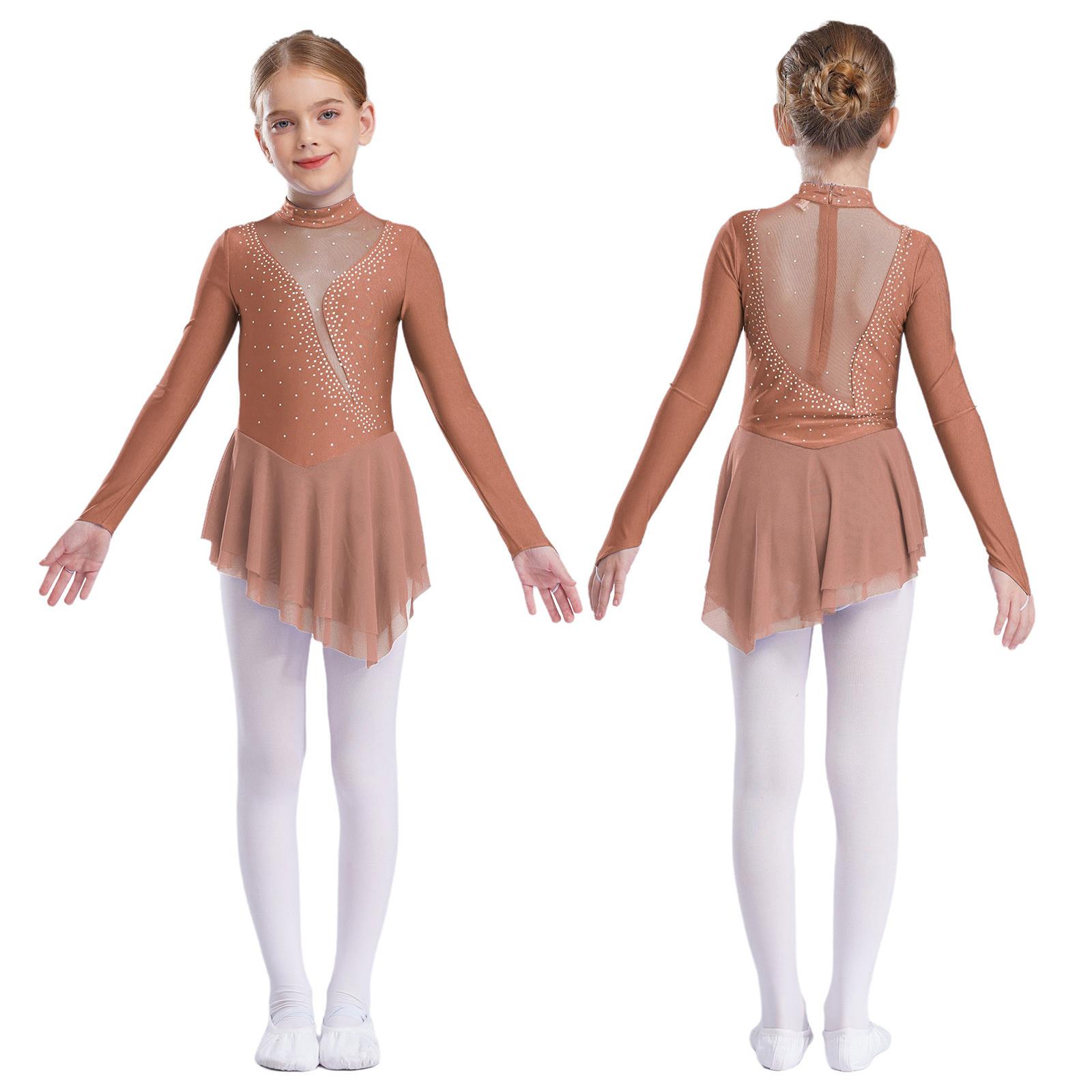 Ranrann Gymnastiek Leotards voor Meisjes Lange Mouw Strass IJs Schaatsjurk Strass Dansjurken 9-10 Years pastelroze kleur